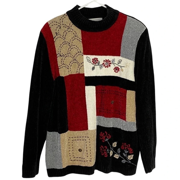 Vintage Sweaters - Vintage 90s Chenille Granny Mockneck Pullover Sweater Tunic Women Size Medium